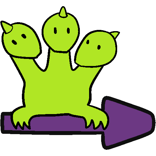 A green hydra standing above a purple arrow pointing right.